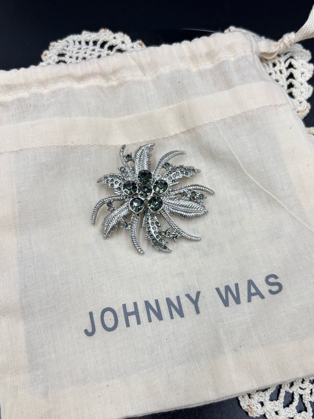 Johnny Was Flower Brooch Silver Tone Smoky Rhinestone Bouquet Pin - Picture 1 of 5